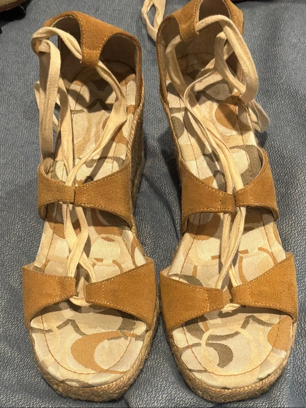 Coach Tan Espadrille Wedge Sandals with Ankle Ties